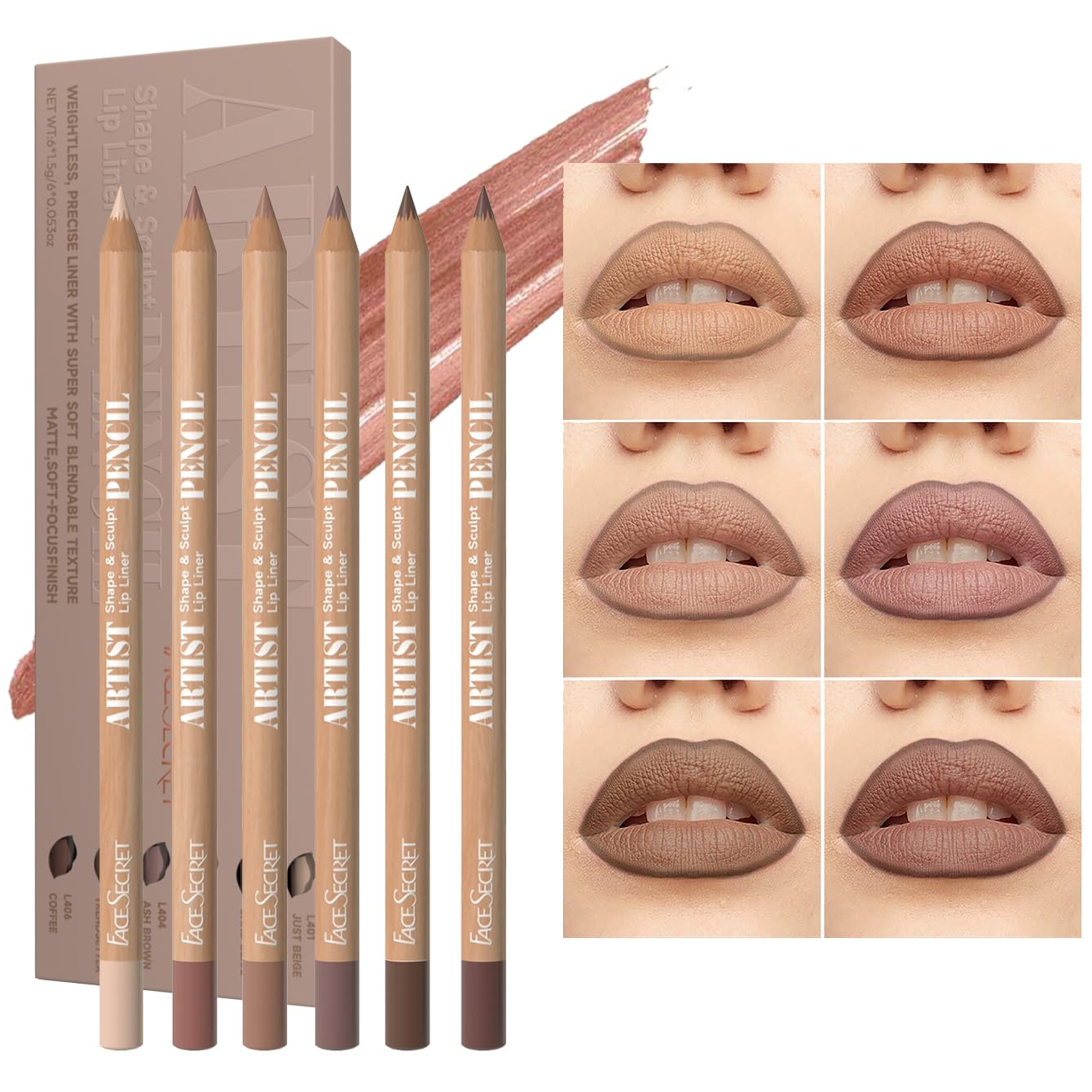Beauty Glazed front packaging showing six nude brown pencils and product clarity