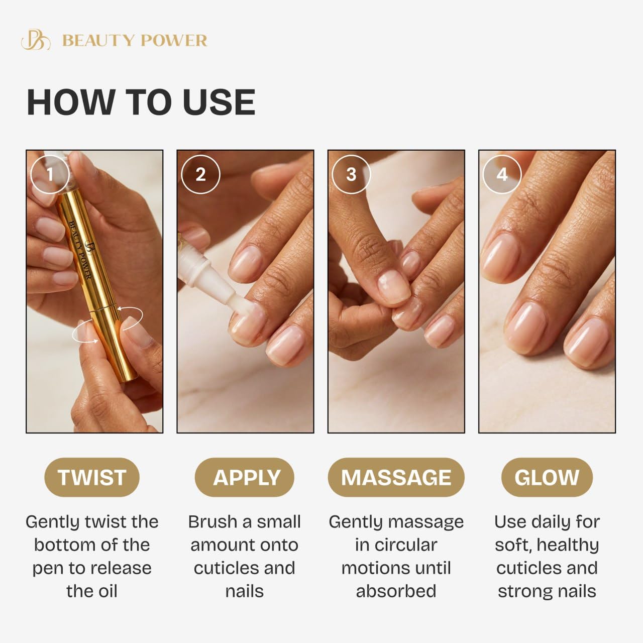 Beauty Power pen applying oil to cuticle demonstrating neat targeted use