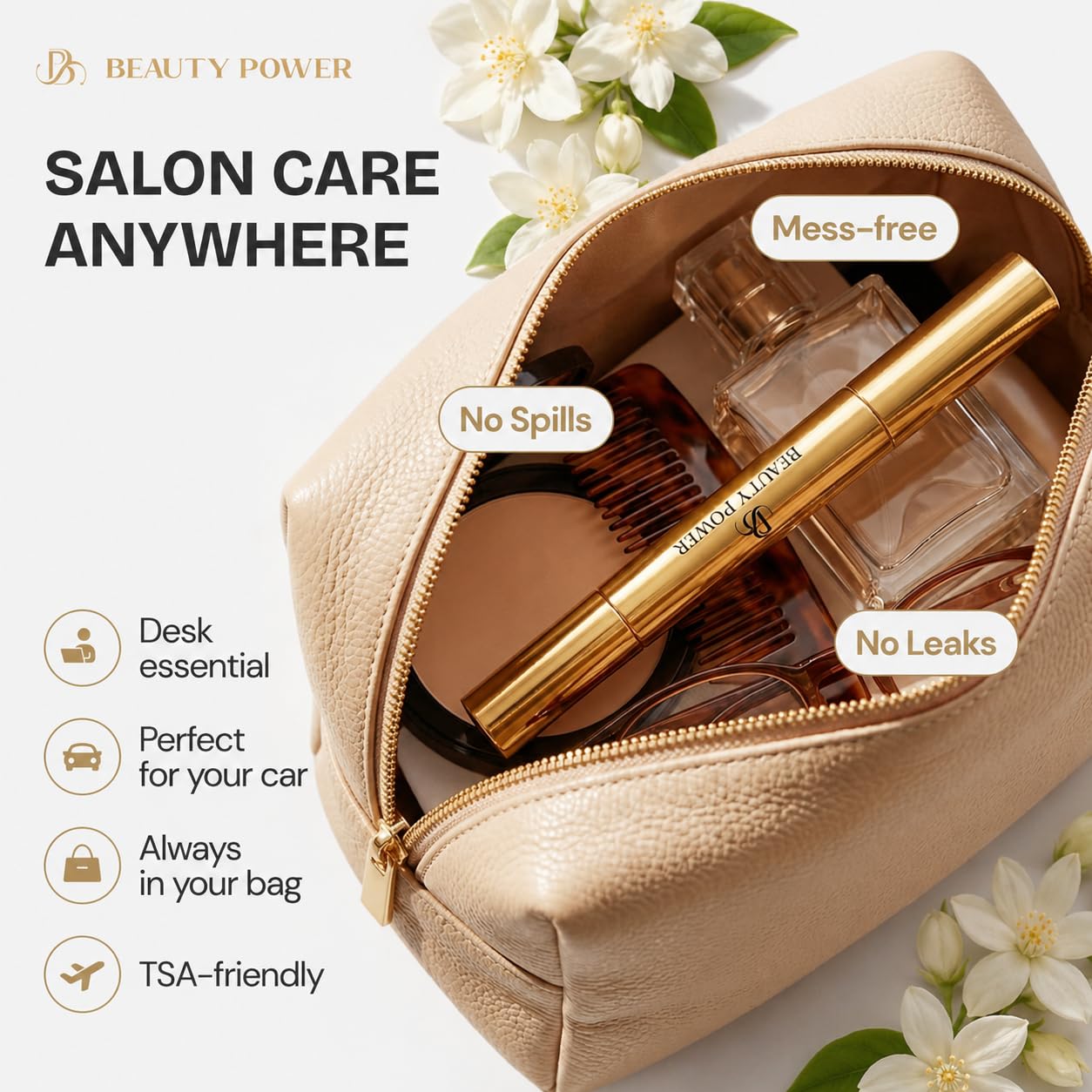 Beauty Power pen on a vanity with jasmine scent suggesting relaxing self-care