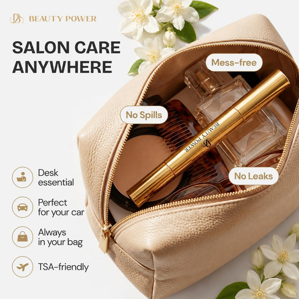 Beauty Power pen on a vanity with jasmine scent suggesting relaxing self-care