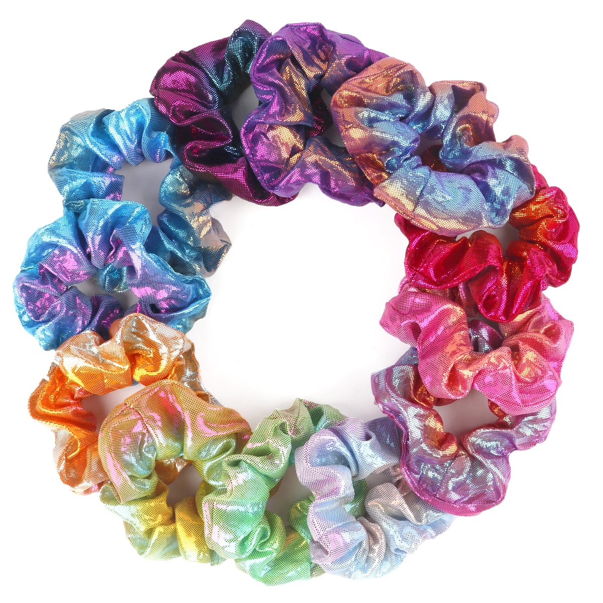 Beauty.H.C front packaging showing 12 gradient metallic scrunchies and pouch, organized