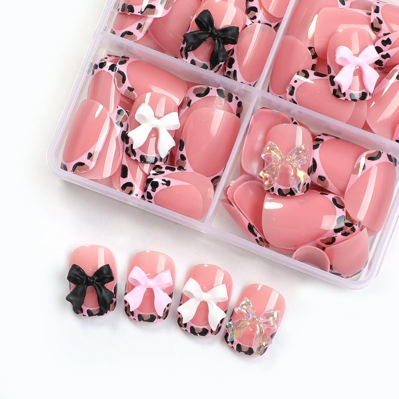 BEAWTH close-up of pink leopard French tip showing clear pattern and glossy finish