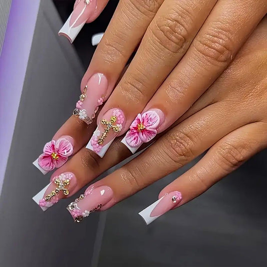 BEAWTH close-up of pink floral print and French tip detail for precise finish