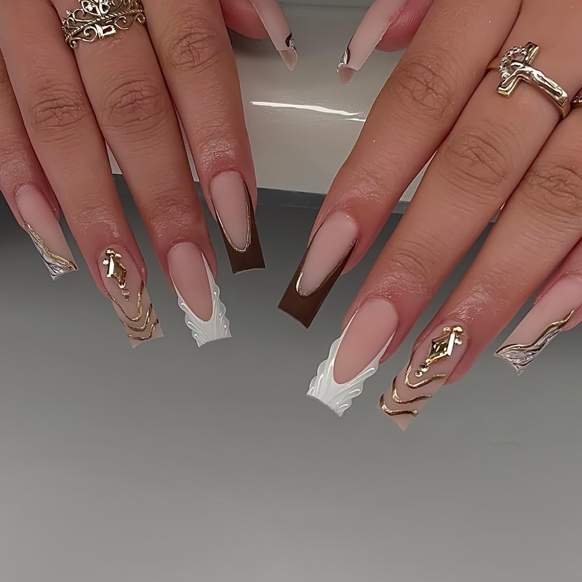 BEAWTH front packaging showing 24 brown long square press-on nails for quick styling