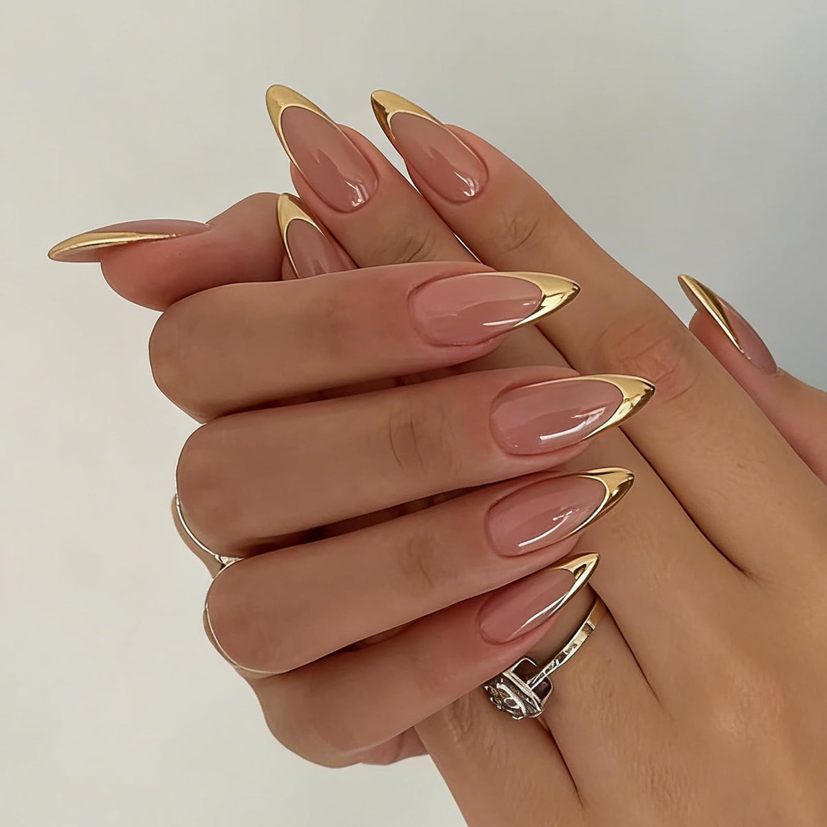 BEAWTH front packaging showing gold French almond press-on nails and included kit