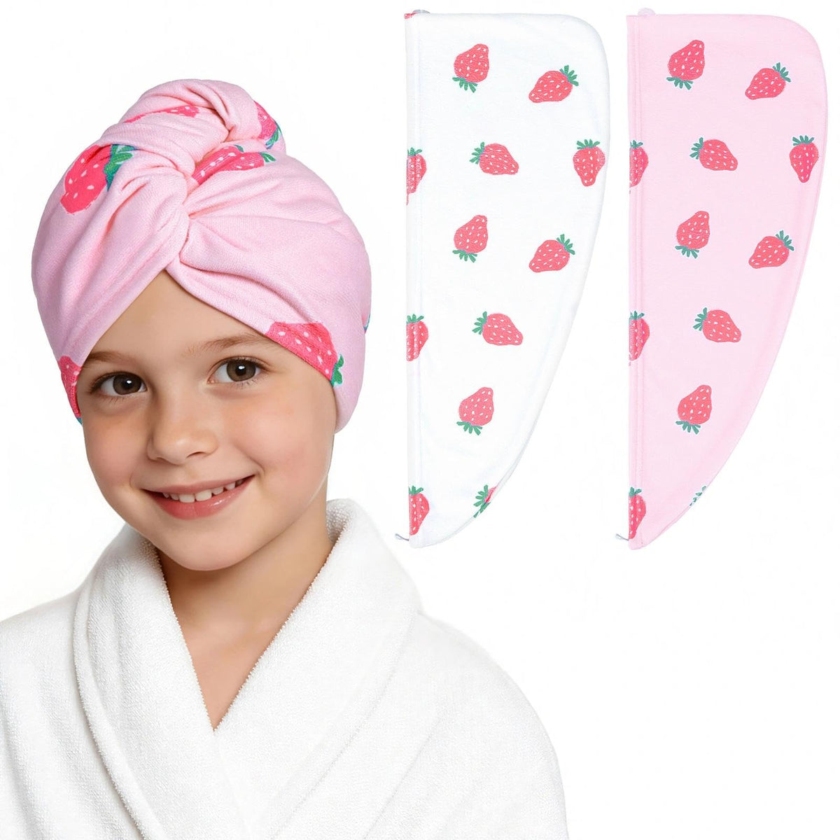 BeBeJoJo front view of pink strawberry towel wrap showing playful design and easy use