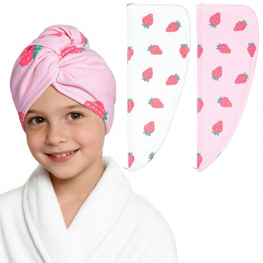 BeBeJoJo front view of pink strawberry towel wrap showing playful design and easy use