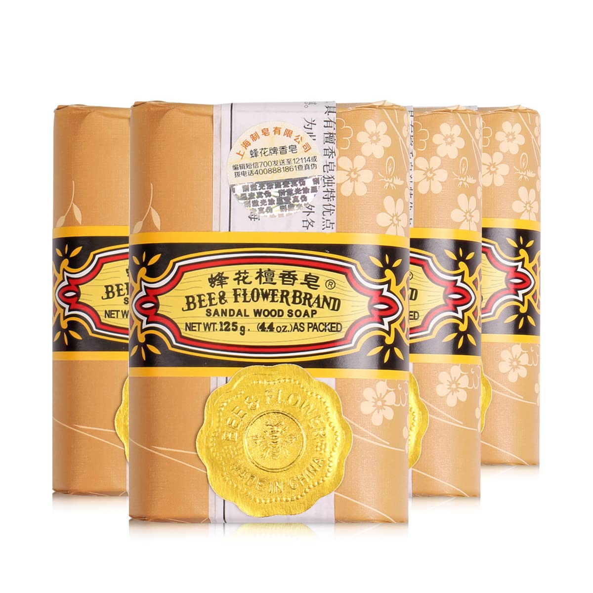 Bee & Flower front packaging showing four wrapped sandalwood bars and benefit of long-lasting scent