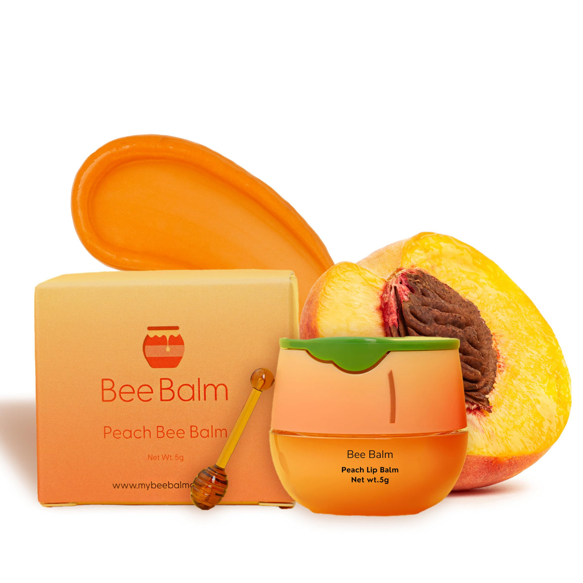 Bee Balm front packaging showing peach lip butter and brand name for clear identification and appeal