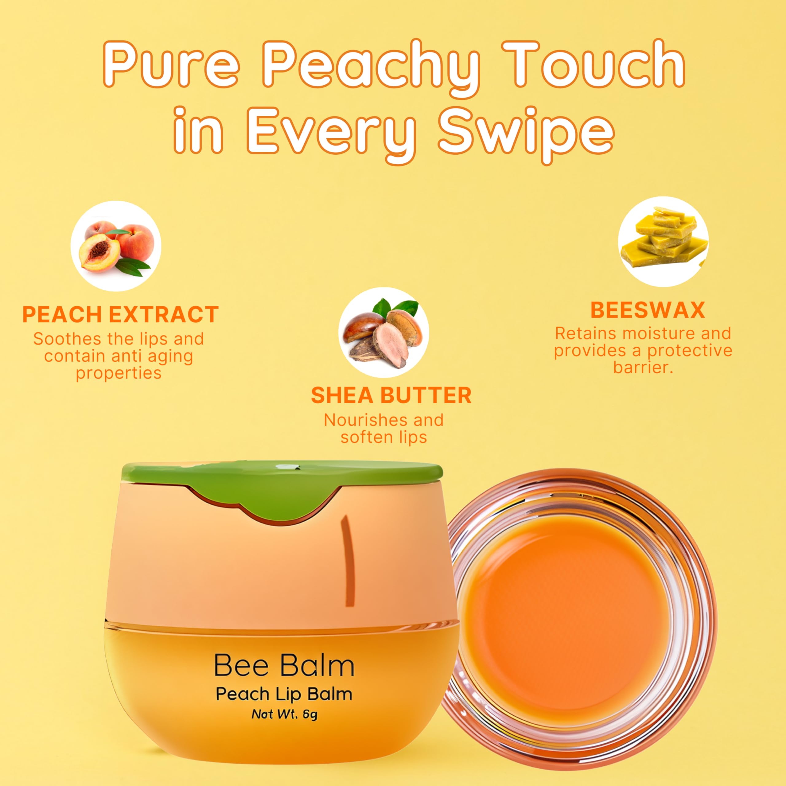 Bee Balm open pot texture showing creamy peach butter and smooth finish for moisturized lips