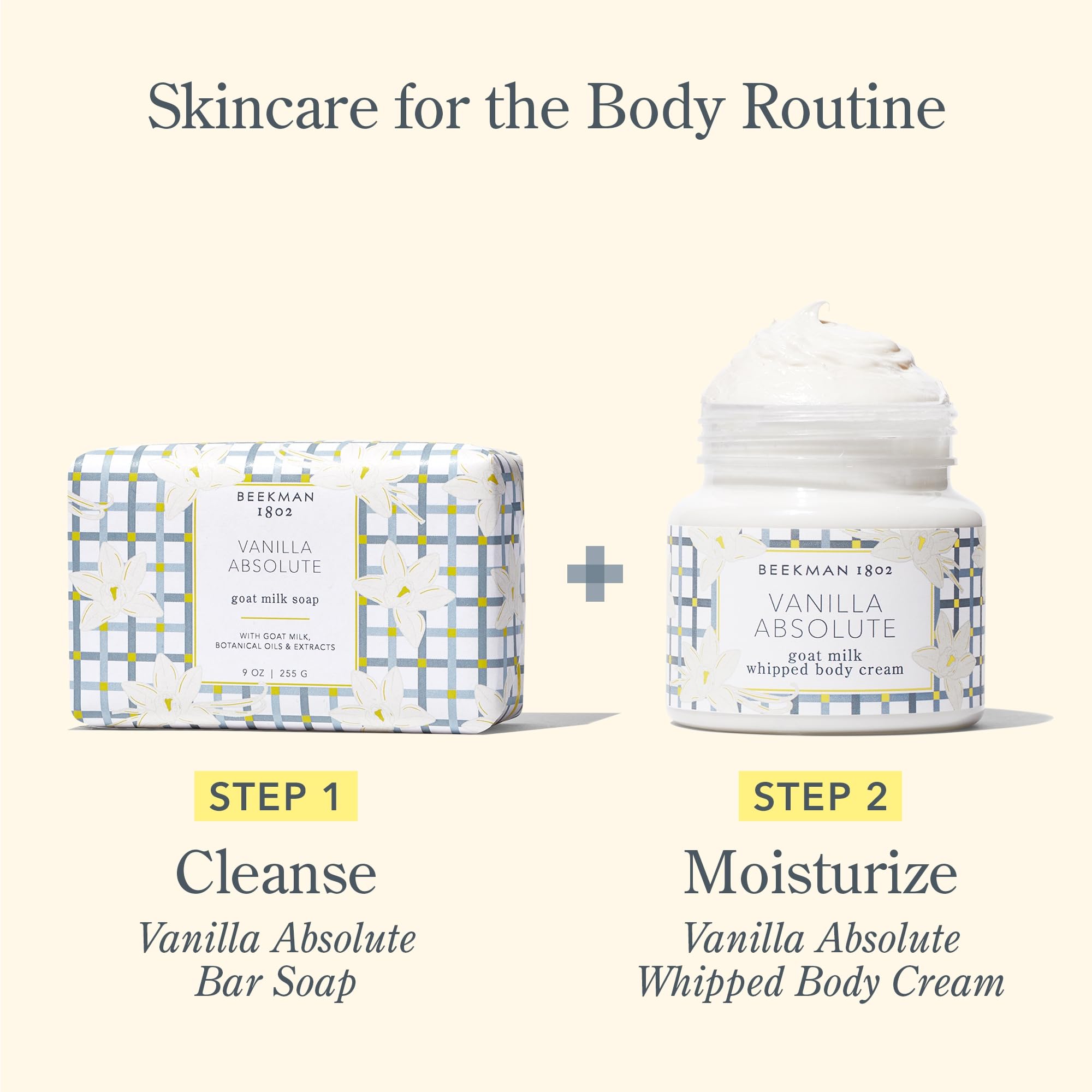 Beekman 1802 soap on shower shelf in bathroom promoting daily gentle cleanse