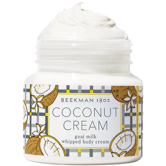 Beekman 1802 jar front view showing coconut cream and moisturizing benefits