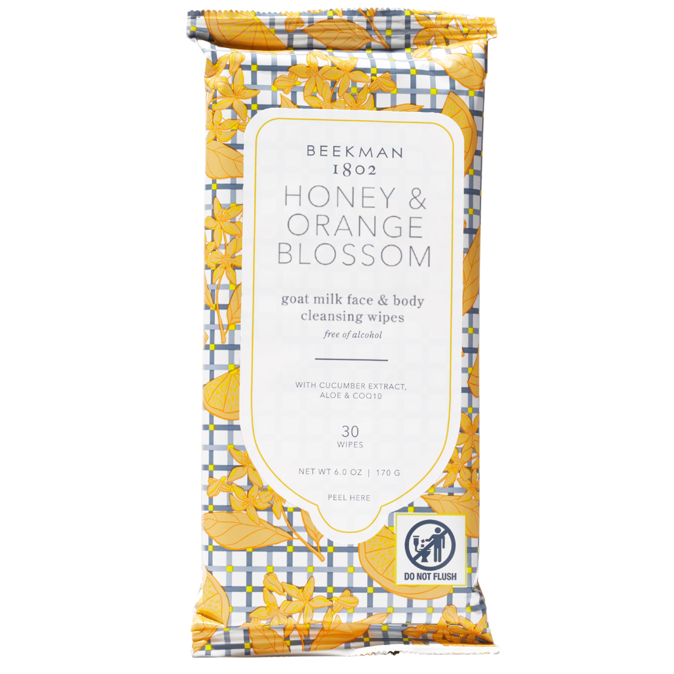 Beekman 1802 front packaging showing 30-count wipes and travel convenience