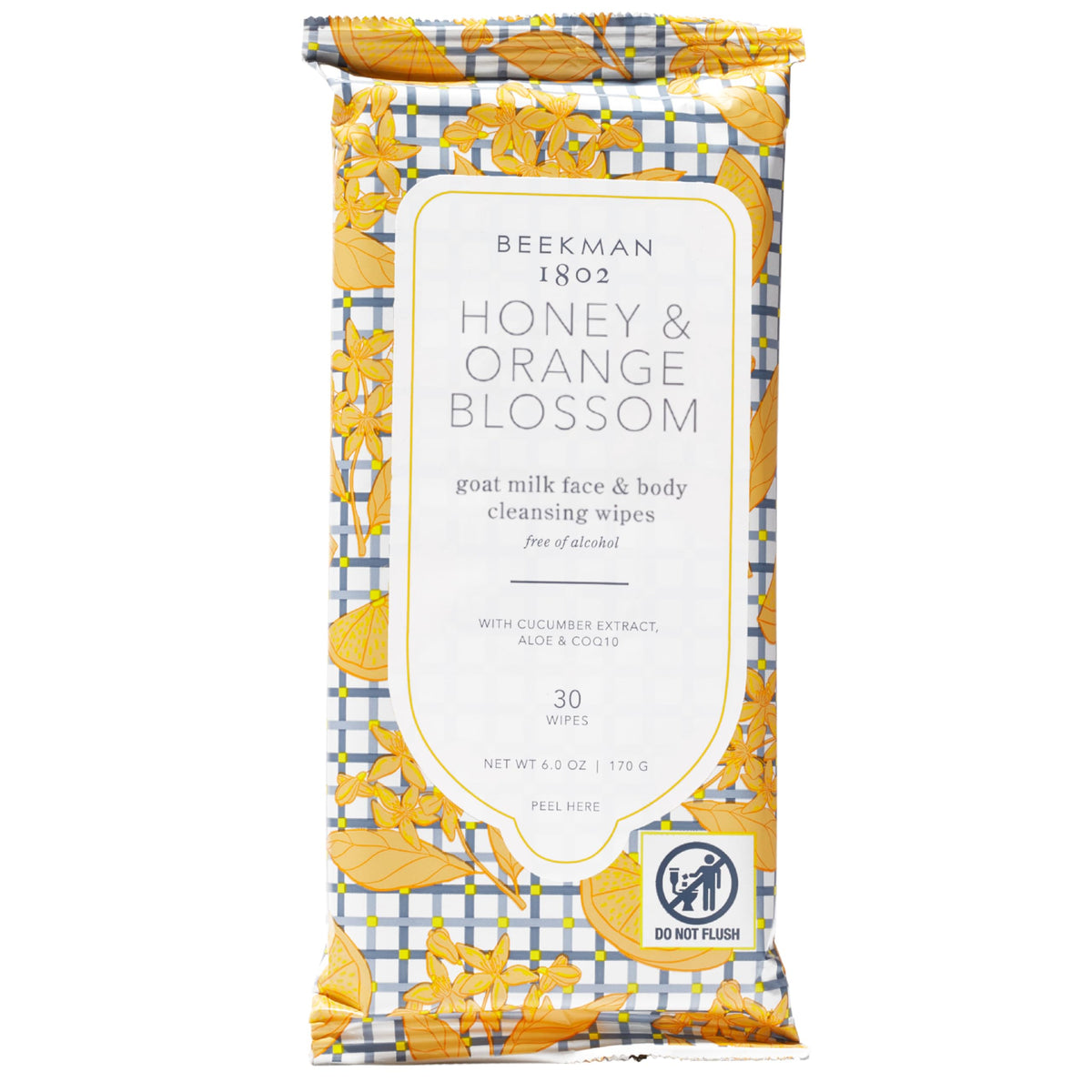 Beekman 1802 front packaging showing 30-count wipes and travel convenience