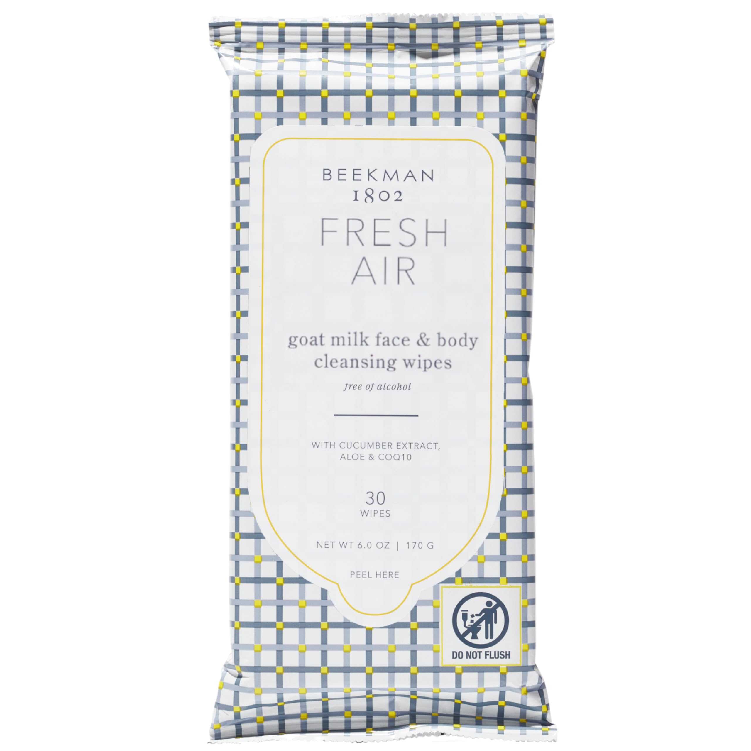Beekman 1802 front packaging showing Fresh Air wipes and easy resealable pack benefit