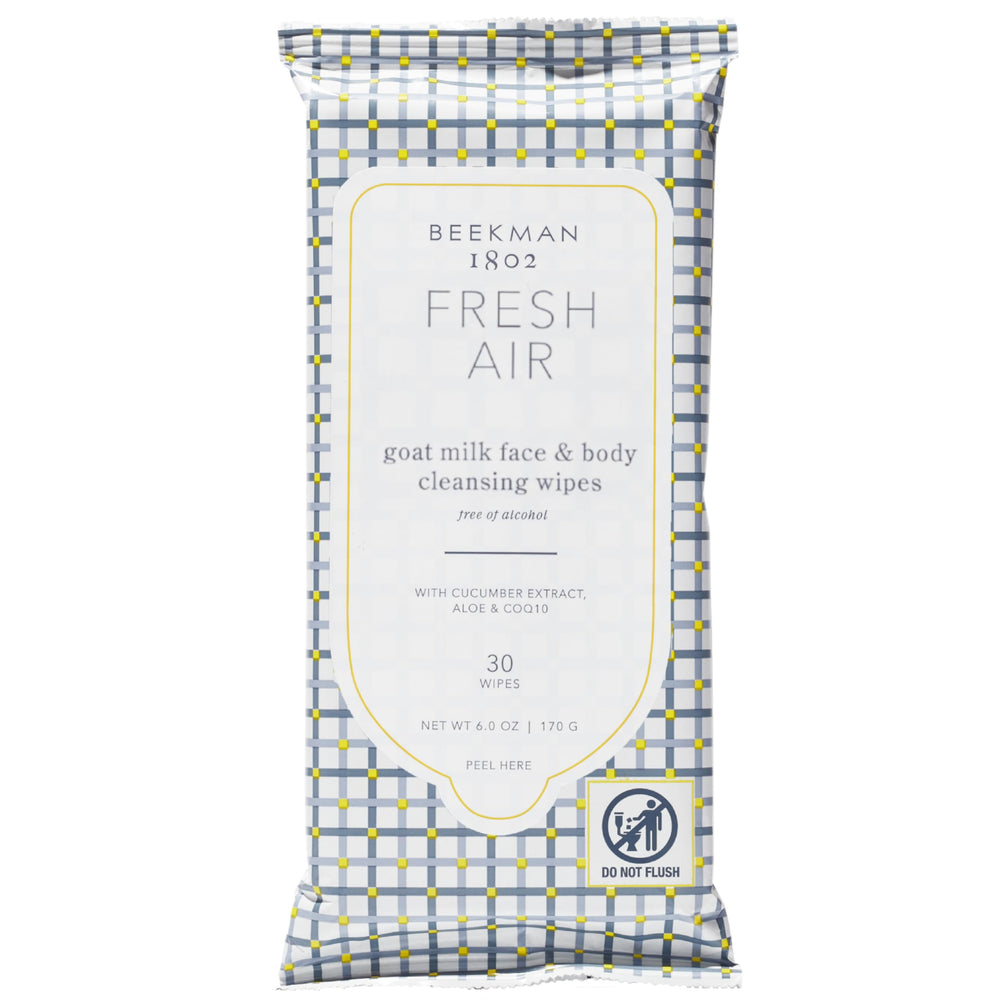 Beekman 1802 front packaging showing Fresh Air wipes and easy resealable pack benefit