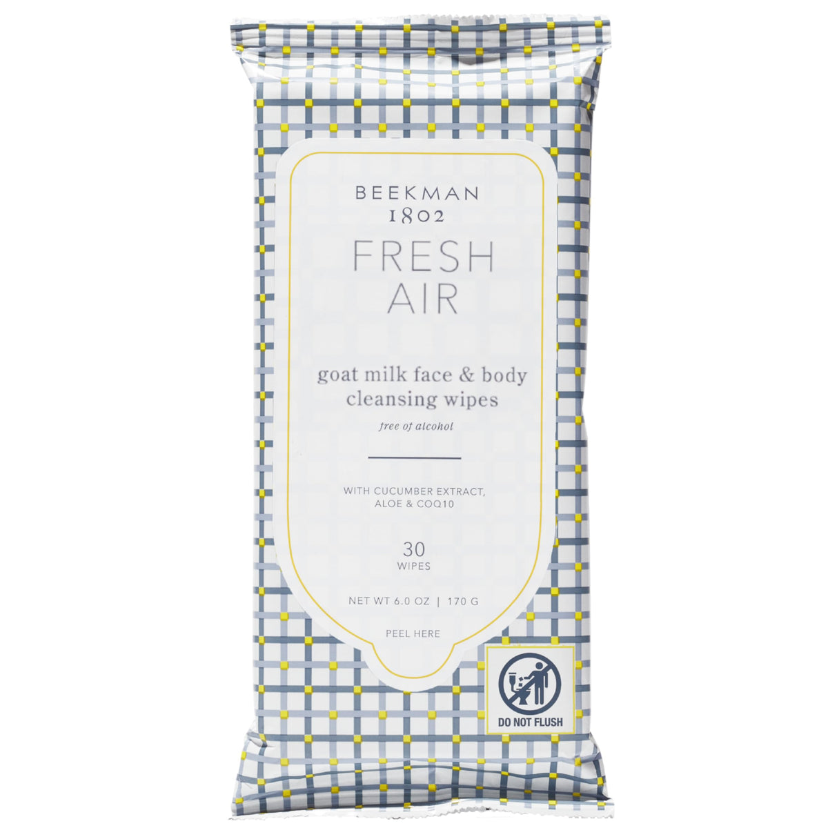 Beekman 1802 front packaging showing Fresh Air wipes and easy resealable pack benefit