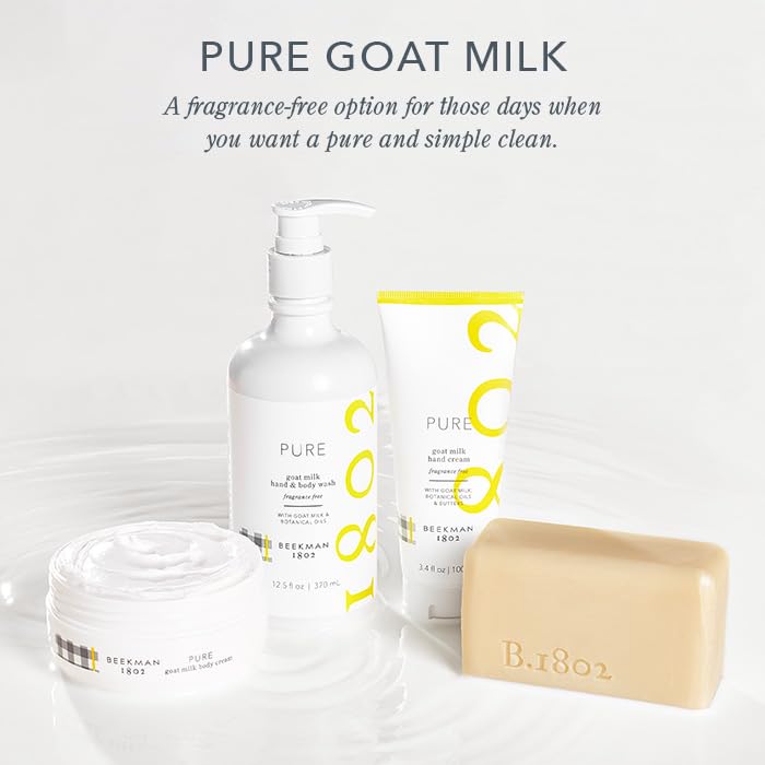 Goat milk and aloe visual with Beekman 1802 branding, nourishing ingredient benefit