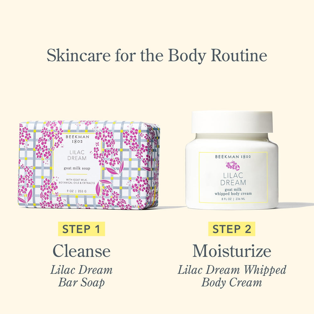 Beekman 1802 in bathroom lifestyle scene suggesting daily hand and body use benefits