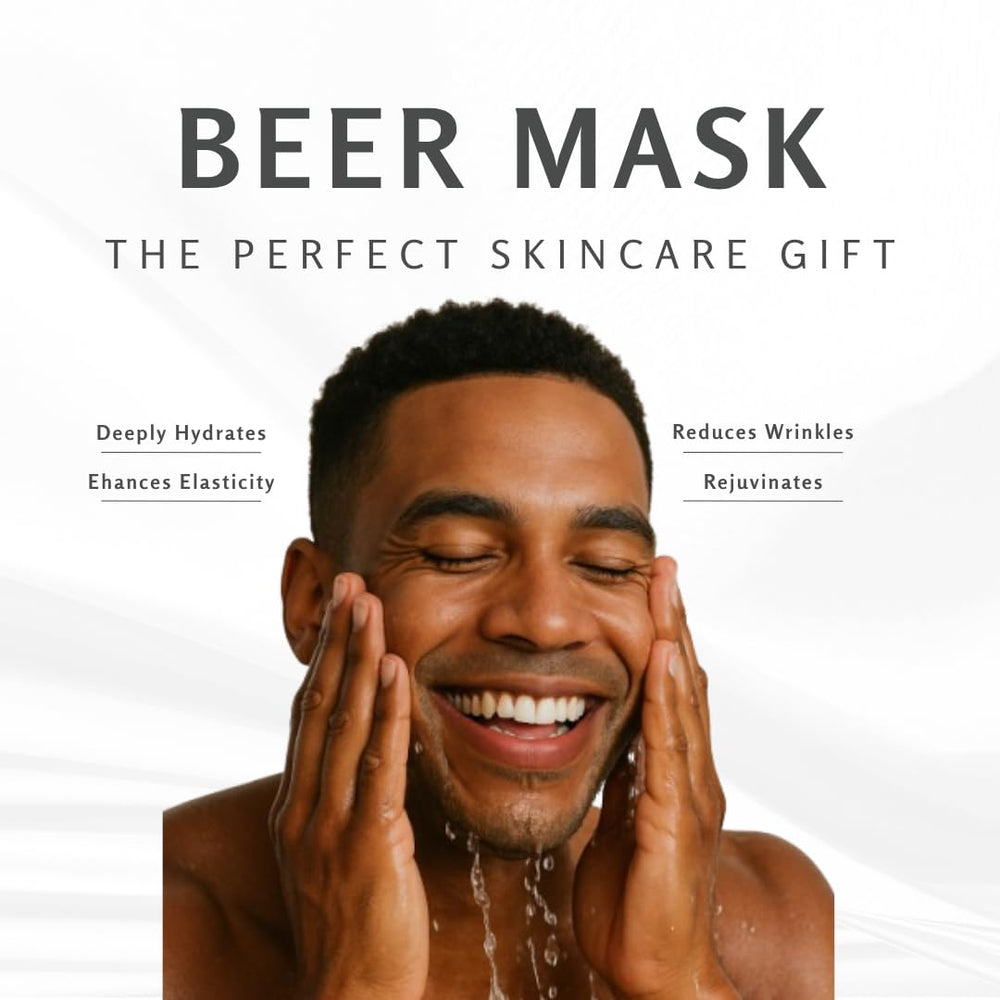Beer Mask applied on male model demonstrating easy at-home use