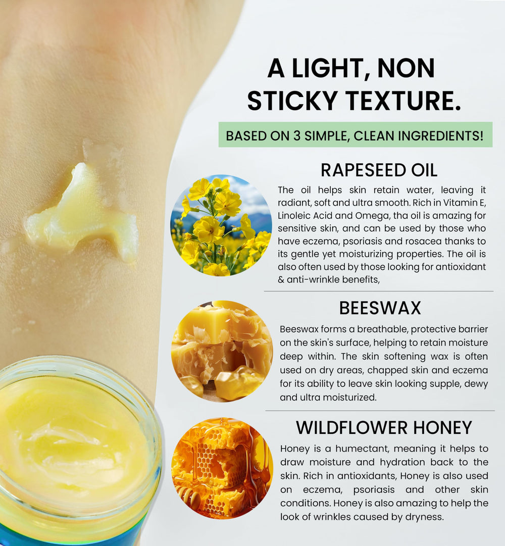 Beesaluxe balm applied to lips demonstrating softening and long-lasting hydration