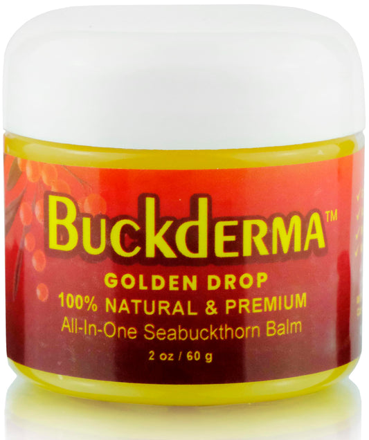 Beesaluxe Buckderma front jar showing label and compact size for travel convenience