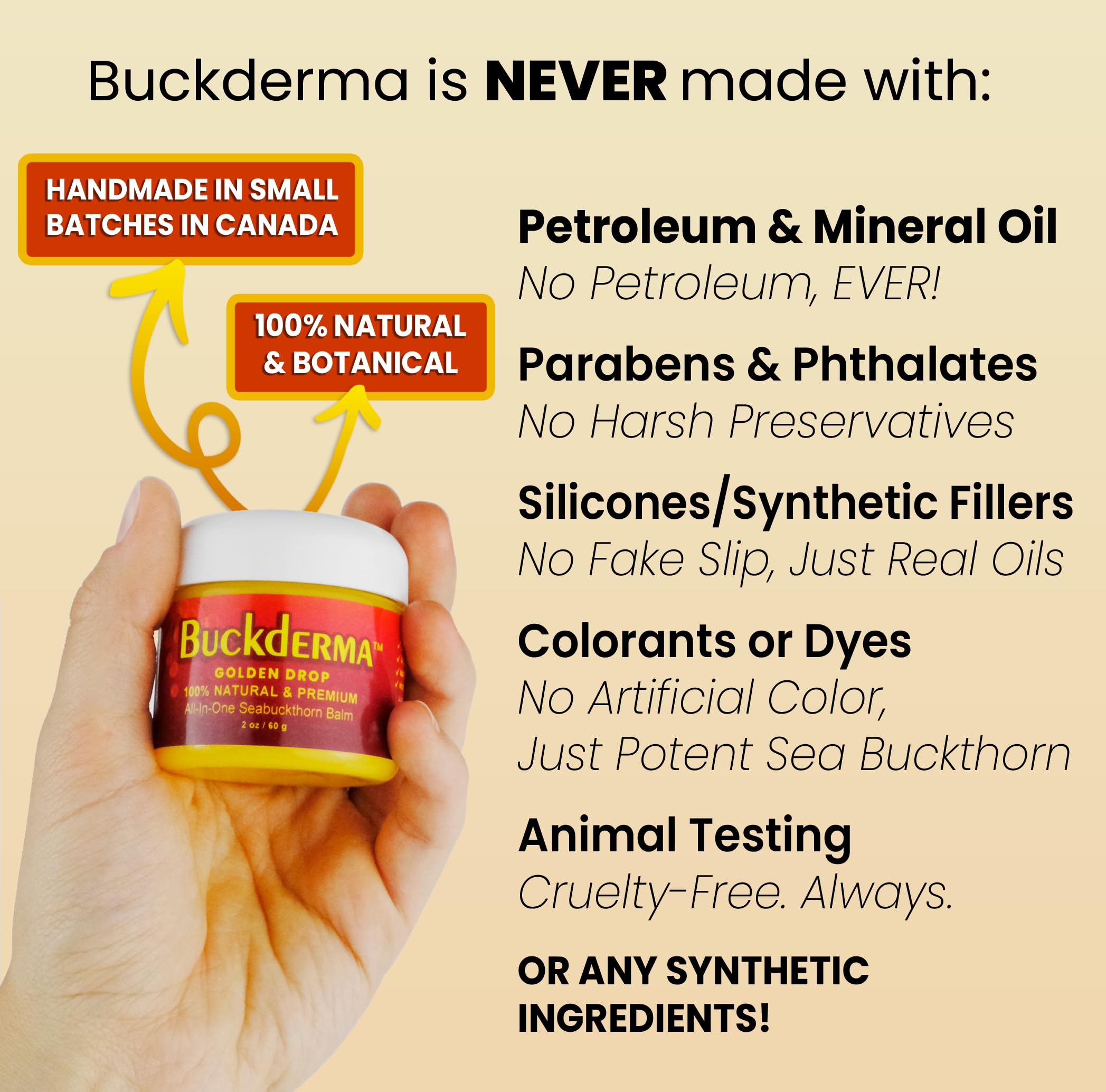 Beesaluxe Buckderma jar in hand showing scale and portable two ounce benefit