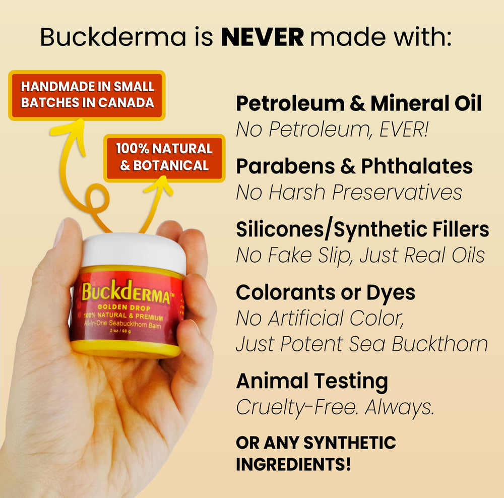 Beesaluxe Buckderma jar in hand showing scale and portable two ounce benefit