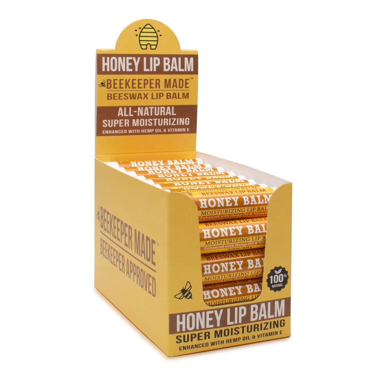 Beessential front packaging showing 40-count honey-flavored balm, easy gifting