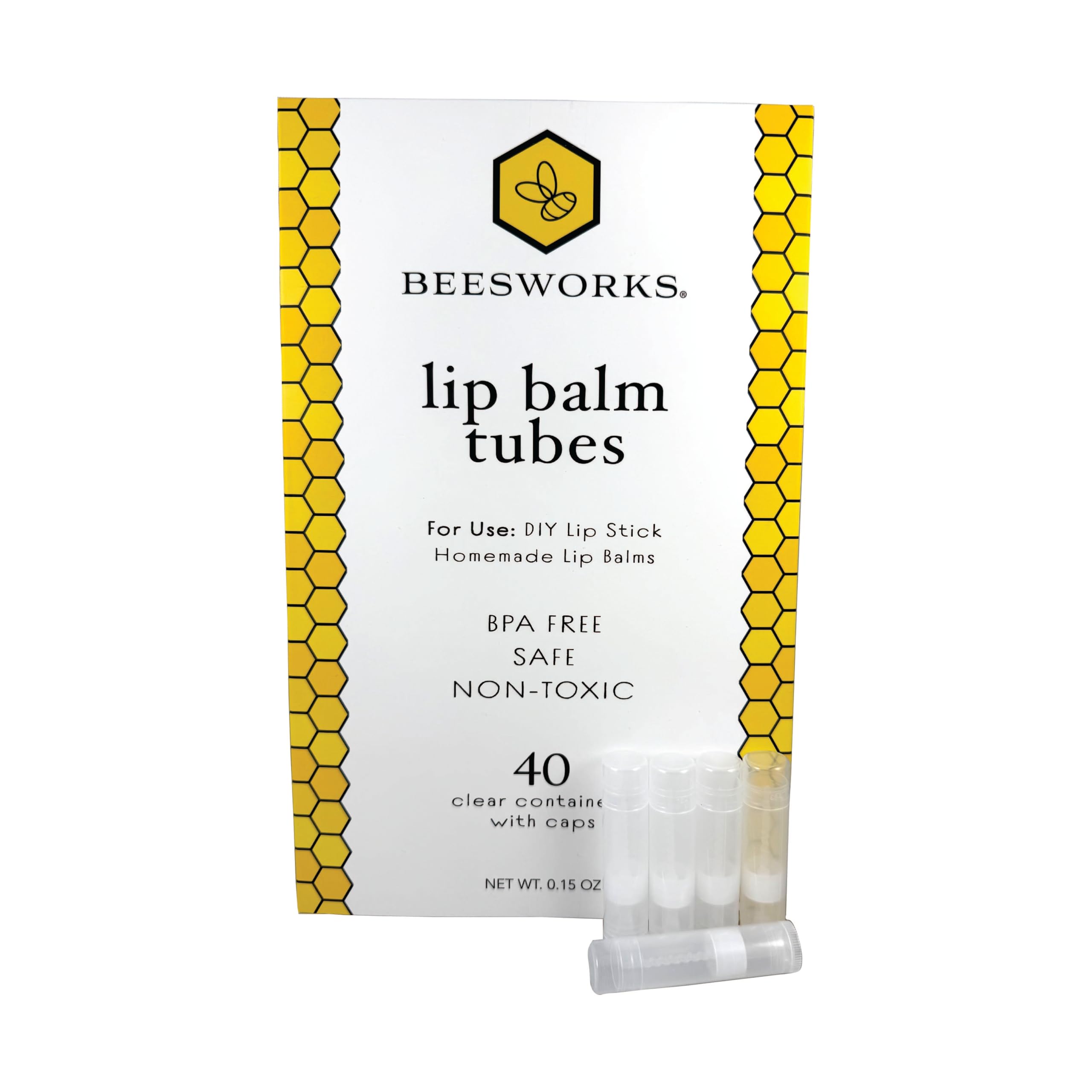 BEESWORKS clear tube pack front view showing 40 containers and caps, convenient storage