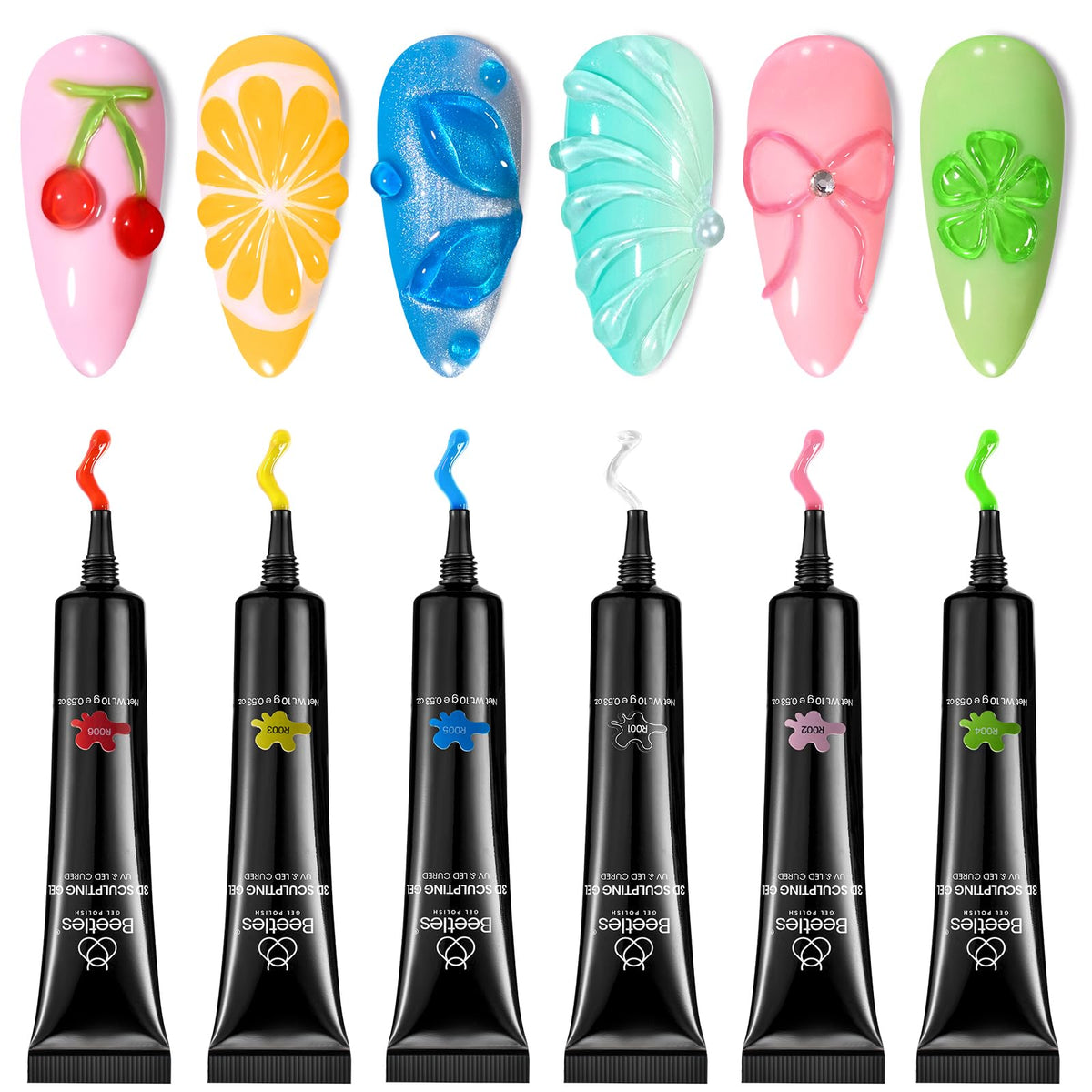 beetles 3d gel front packaging showing six colors and brand clarity