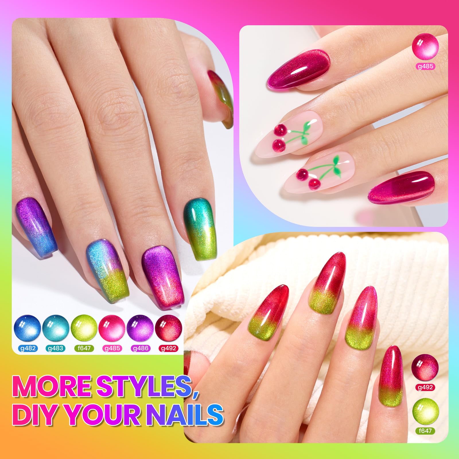 beetles Gel Polish six neon bottles laid flat displaying color range, ideal for creative manicures