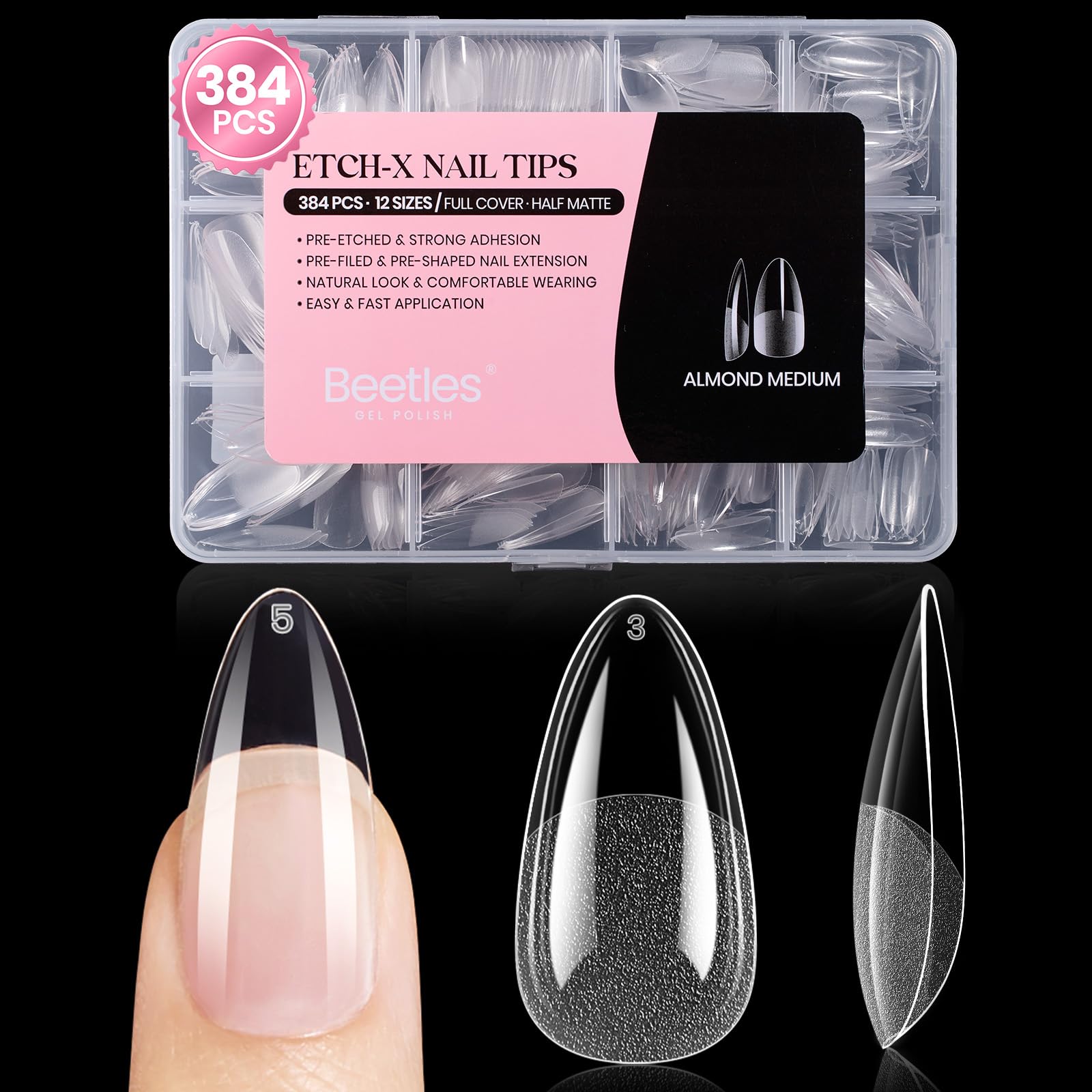 Beetles front packaging showing 384-piece almond medium set benefit quick selection