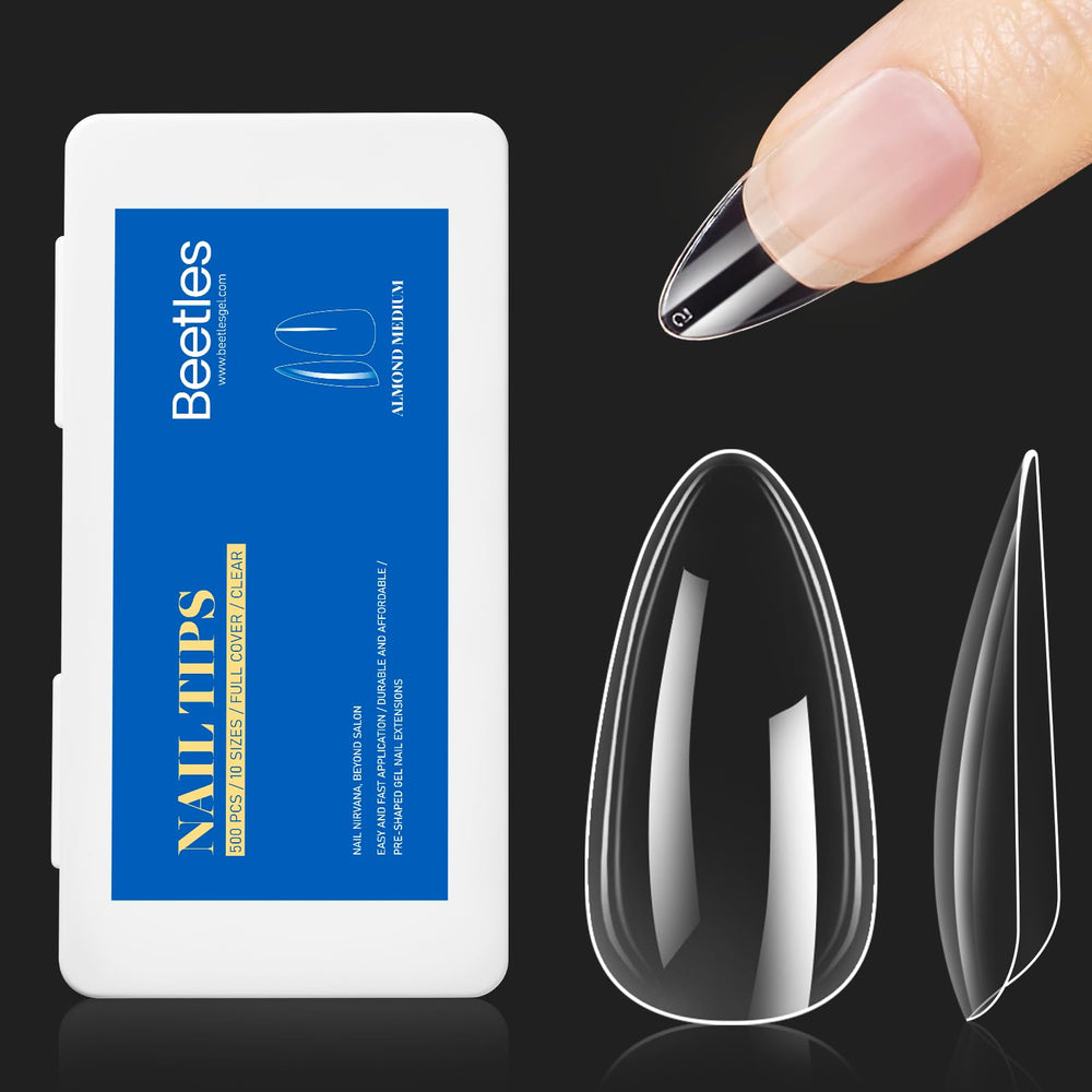 Beetles Gel Polish front packaging of 500 almond medium clear tips showing quantity and brand