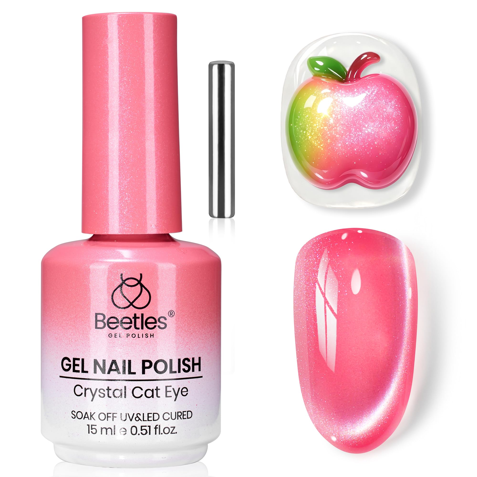 Beetles bottle front view showing apple sweet gleam pink and glossy finish benefit