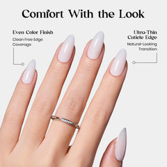 Beetles application in hand pressing a medium almond nail for fast ten-minute manicure