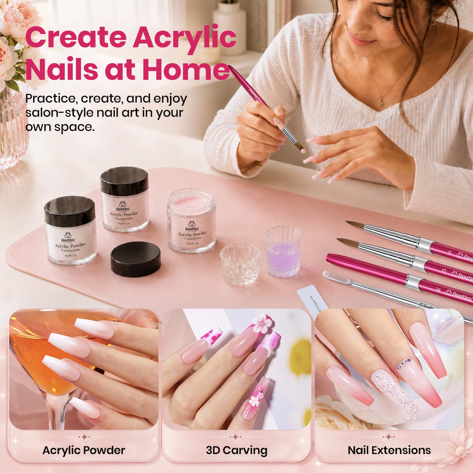 brush applying acrylic powder by beetles for accurate extension shaping