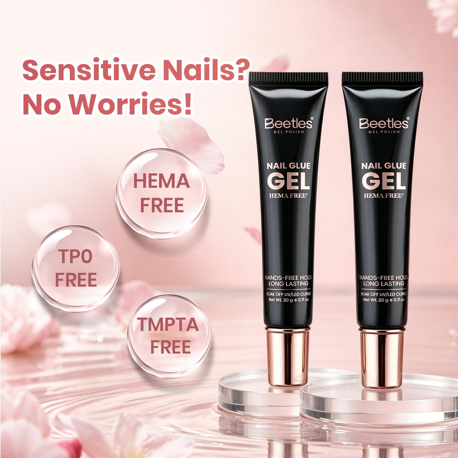 Beetles applying gel to inside of nail tip for secure hands-free placement