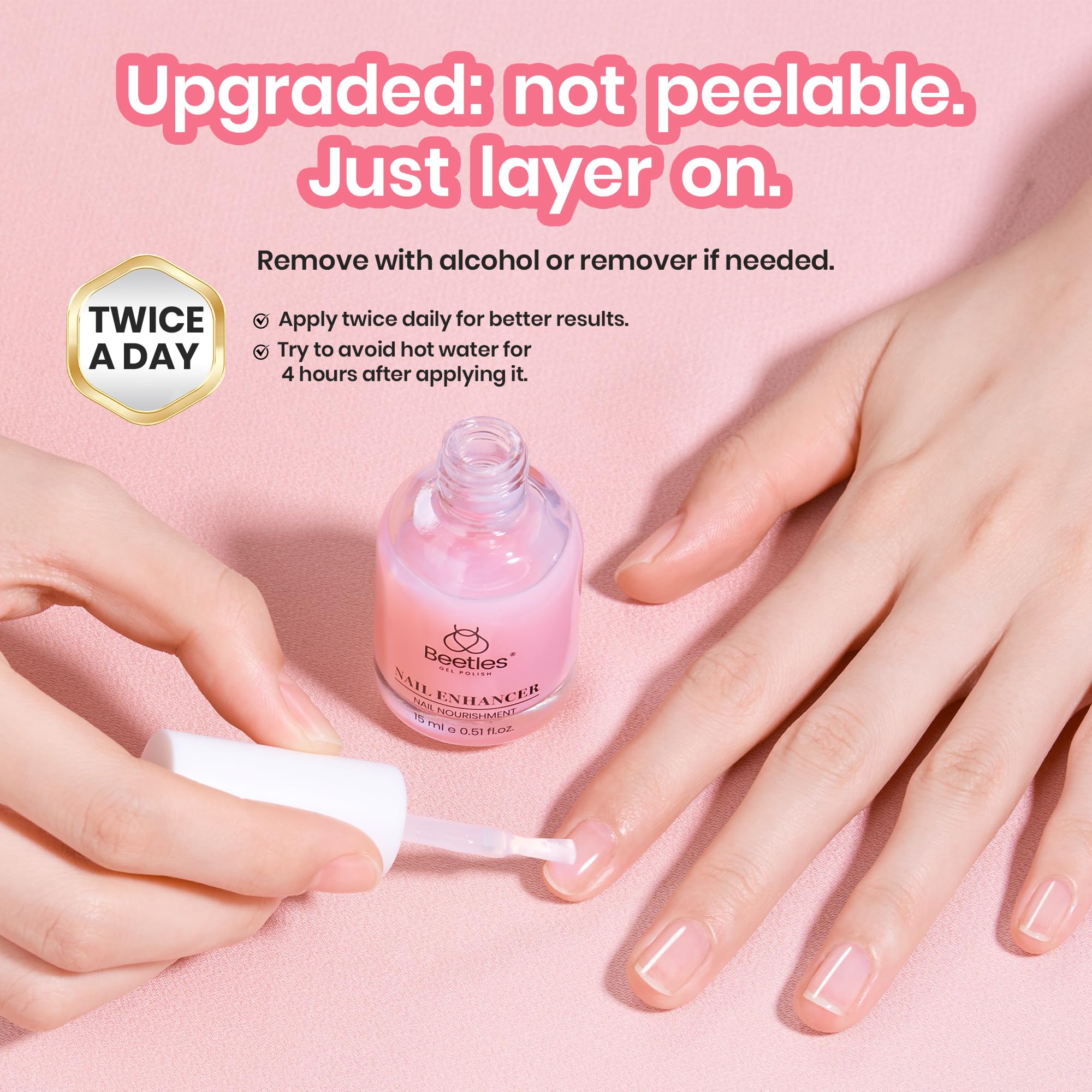 Beetles applying strengthener on a natural nail showing quick-dry benefit