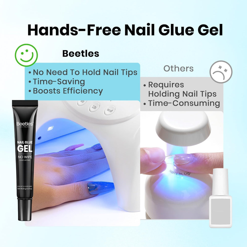 beetles applying gel to a press-on nail demonstrating secure adhesion
