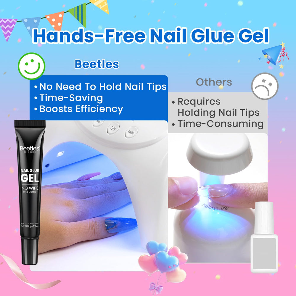 Beetles gel being applied to a press-on nail demonstrating hands-free cure convenience