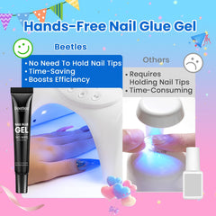 Beetles gel being applied to a press-on nail demonstrating hands-free cure convenience