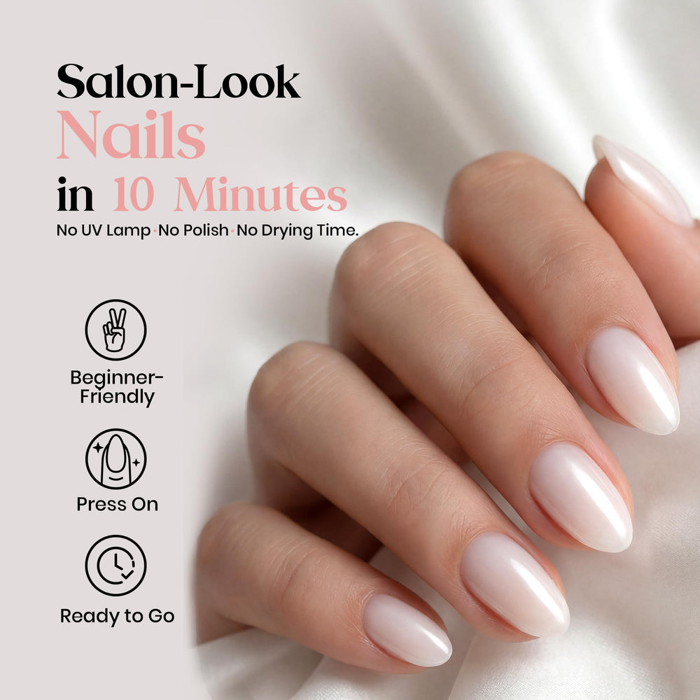 Beetles applied full set on hands demonstrating wearable short almond elegance