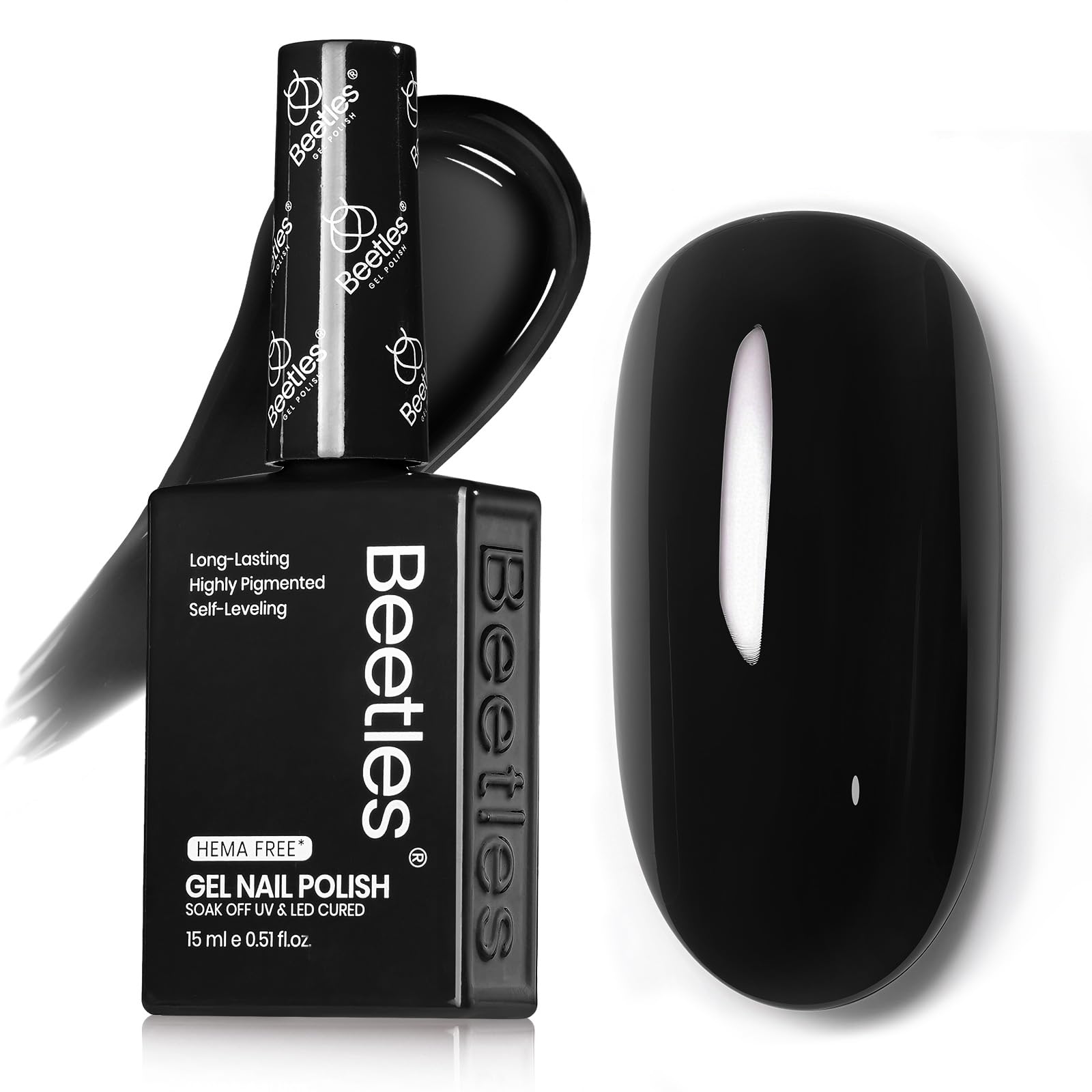 Beetles Gel Polish bottle front view showing Audrey Black glossy finish benefit