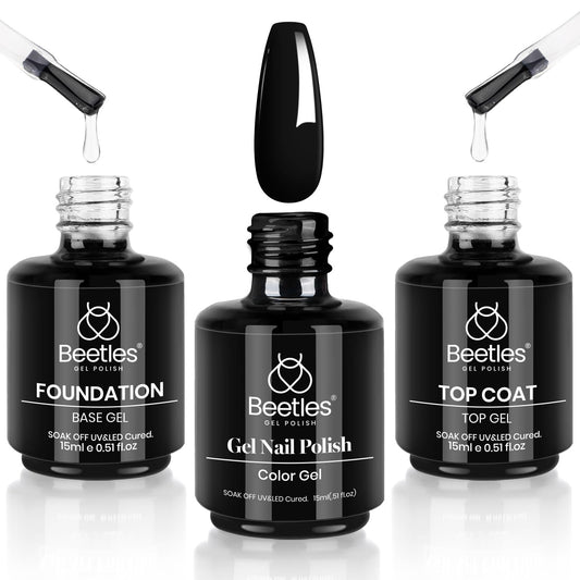 Beetles front packaging showing the Audrey Black gel set and benefits