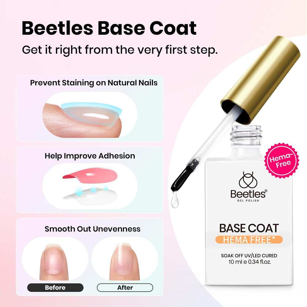 beetles base coat bottle label highlighting HEMA-free gentle formula