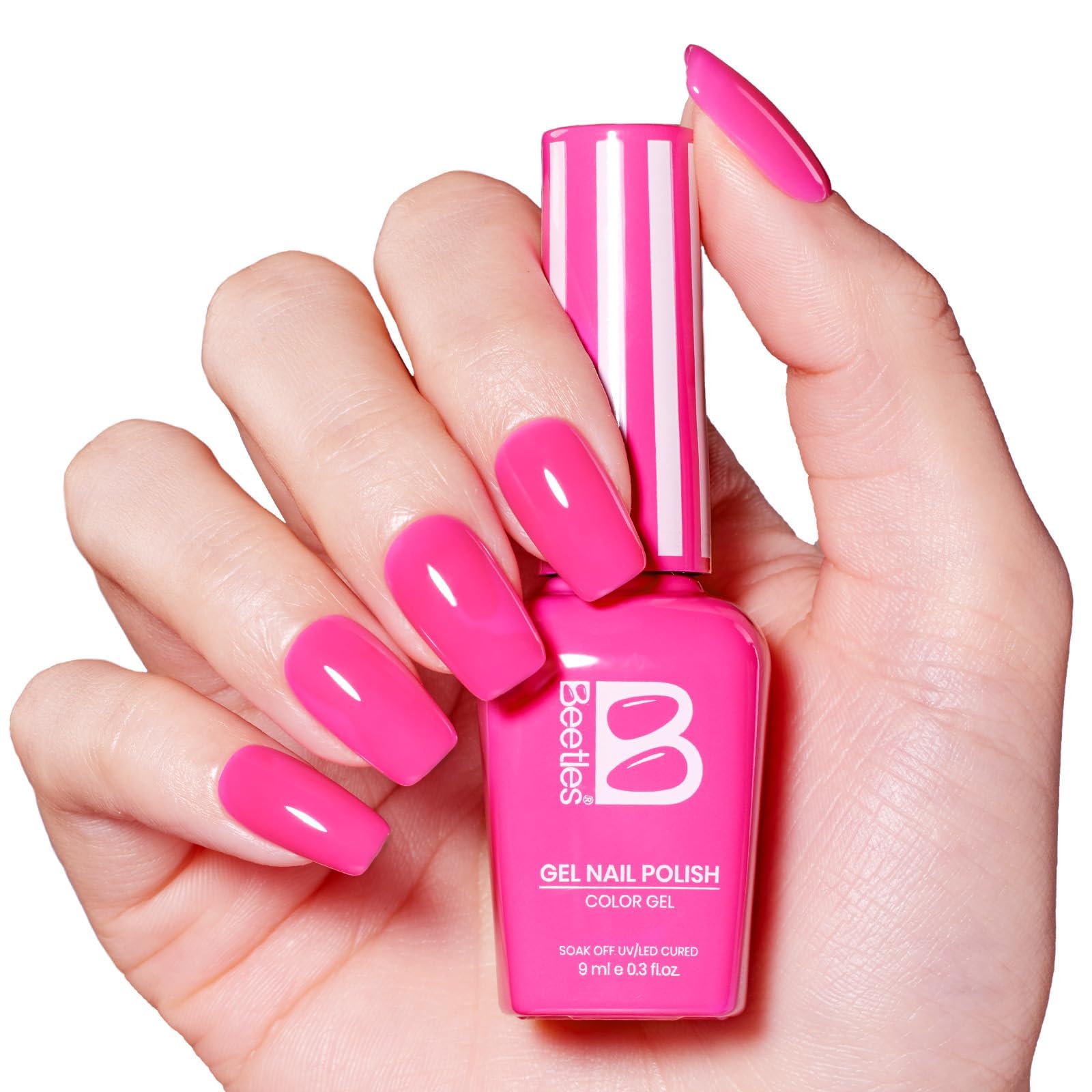 Beetles bikini pink worn at beach lifestyle scene for vacation-ready nails