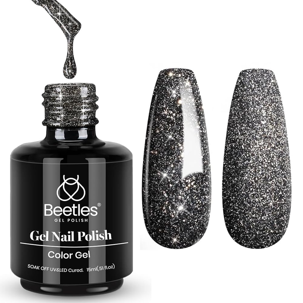 beetles bottle front view showing black glitter finish and brand shine
