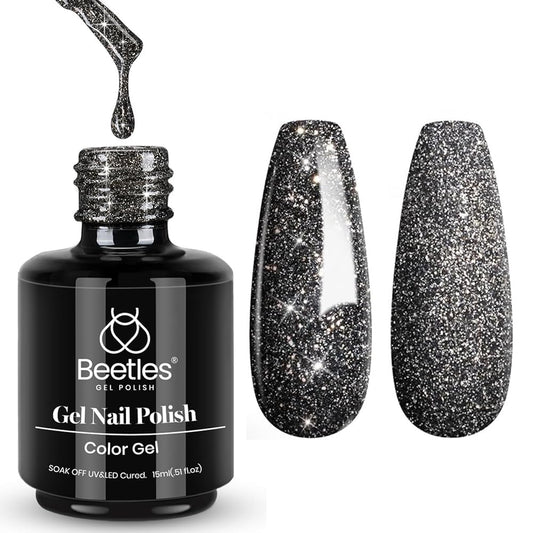 beetles bottle front view showing black glitter finish and brand shine