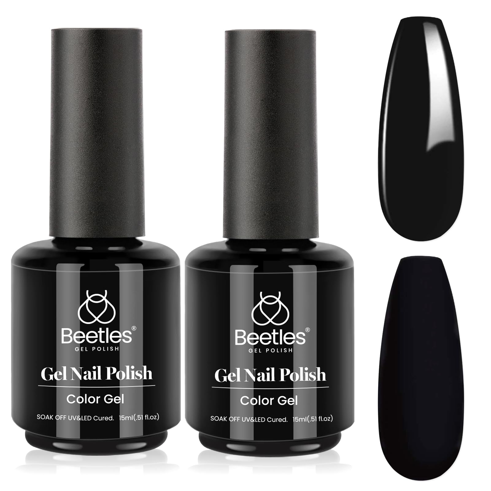 Beetles black gel front bottles showing pure black pigment and professional finish
